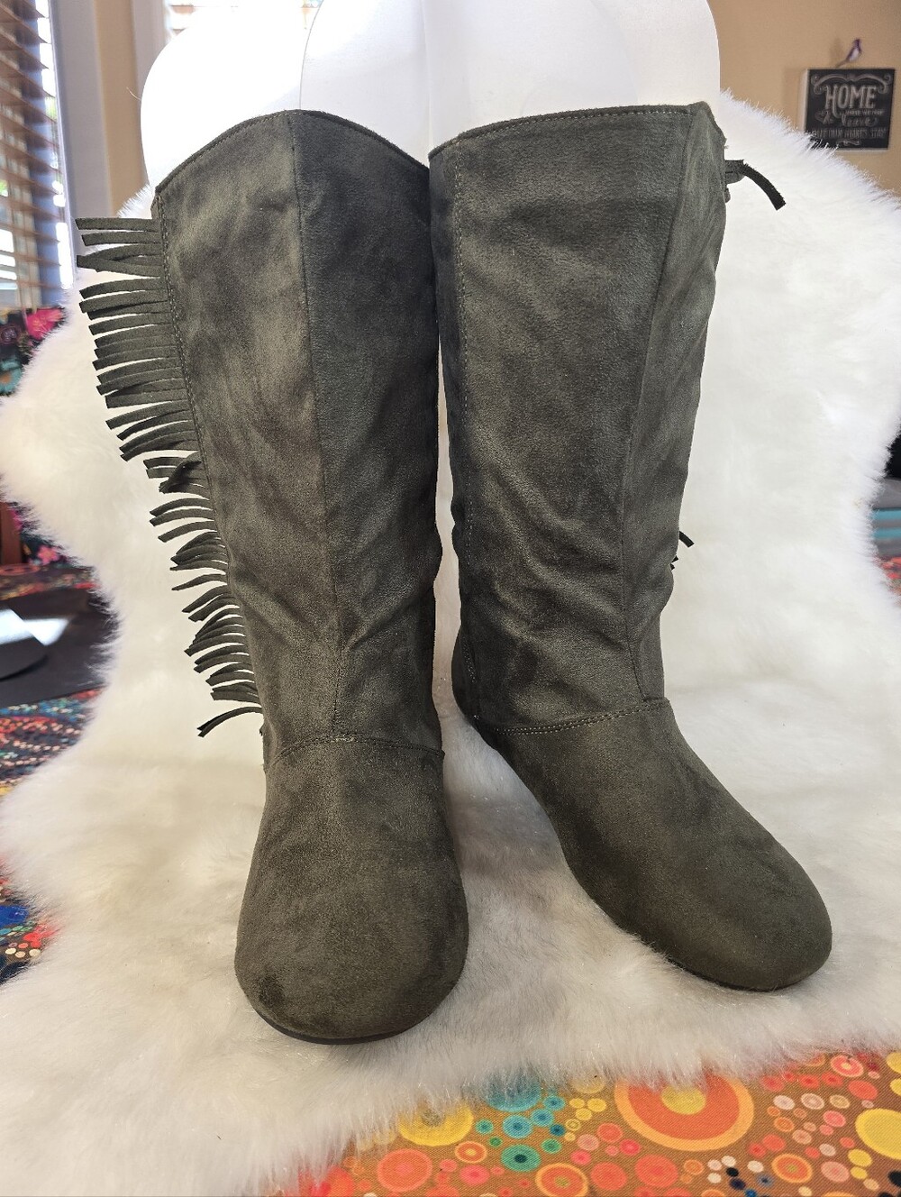Hooked "Fame" Fringed Faux Suede Knee-High Boots in Olive Green - Womens